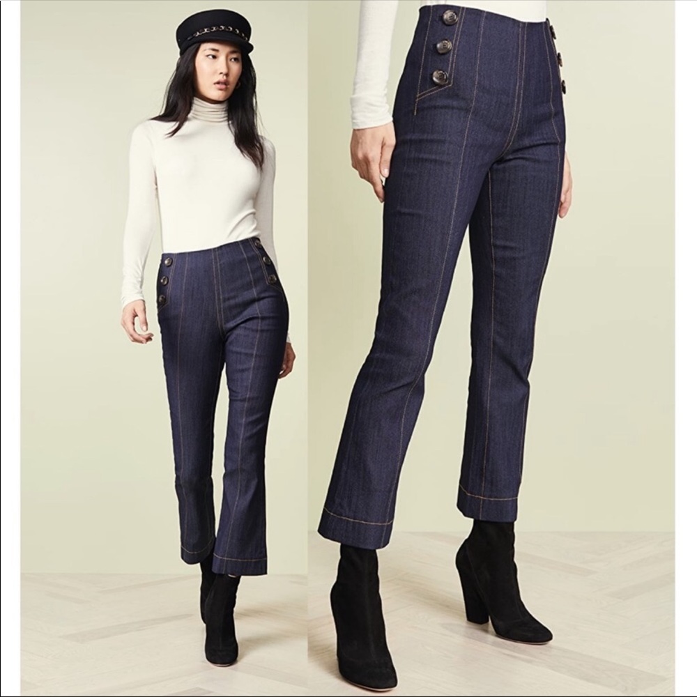 cinq a sept Navy High-Rise Flare Jeans with Button Trim